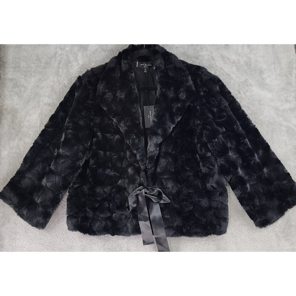 Max Studio Faux Fur Jacket Womens XL Black Front Tie Long Sleeve Mob Wife Coat